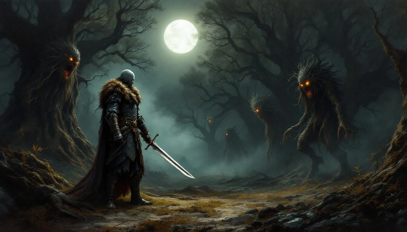 A dark forest clearing illuminated by a ritual bonfire, with silhouettes of Slavic mythological creatures emerging from the shadows between ancient trees