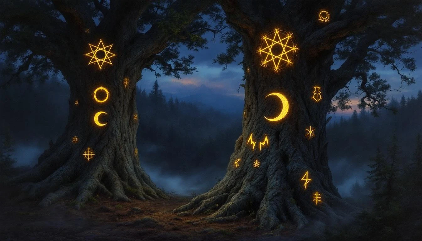Ancient Slavic protective symbols carved into a weathered oak plank, with the eight-rayed Kolovrat at the center surrounded by smaller signs glowing faintly in firelight