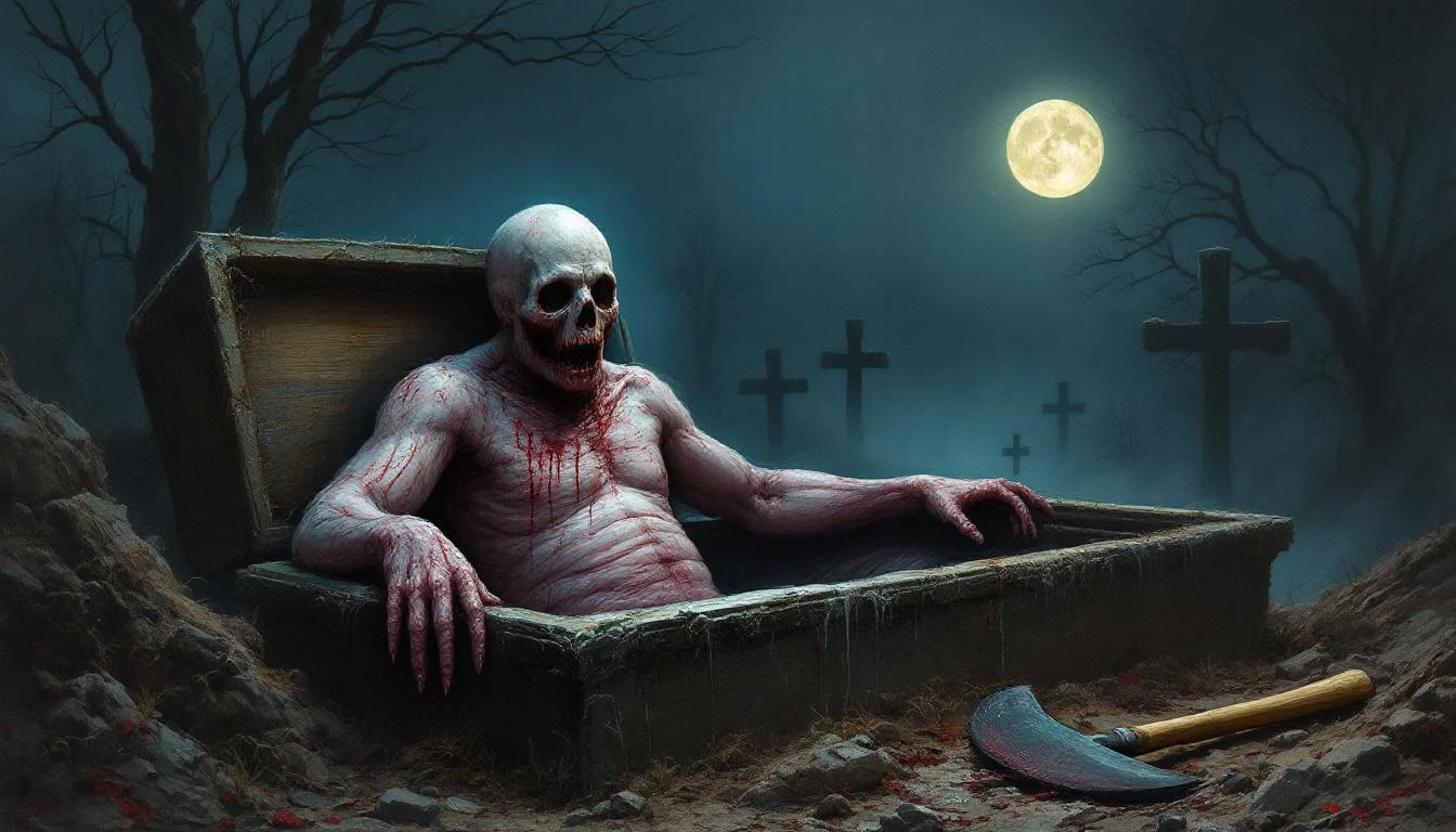 A pale bloated corpse rising from a wooden coffin in a moonlit graveyard
