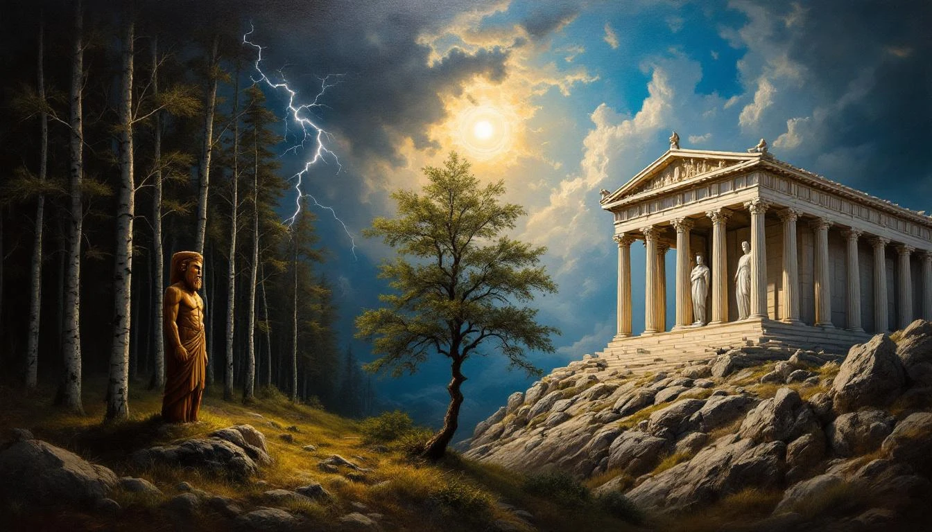 Split scene showing a dark Slavic forest shrine on the left and a sunlit Greek marble temple on the right, with storm clouds meeting between them