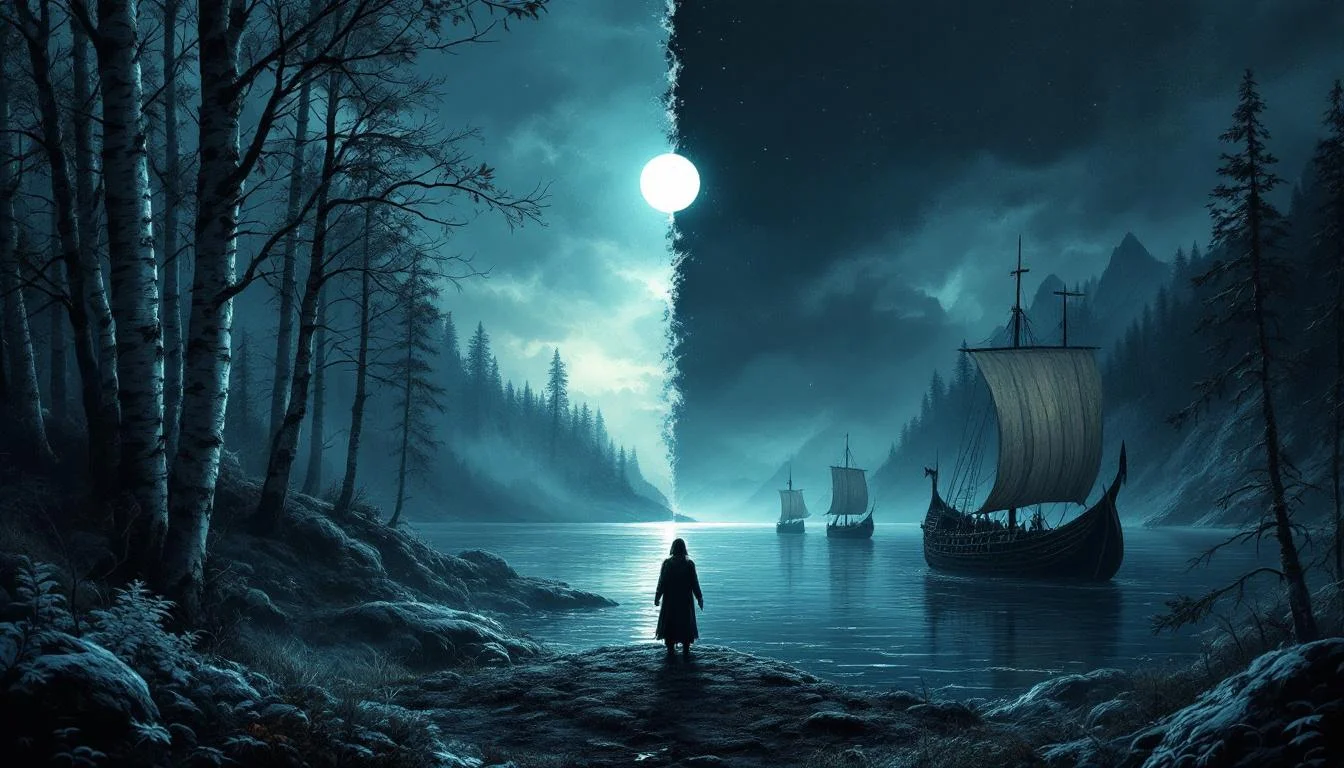 A split scene showing a Slavic birch forest on the left and Norse Viking ships on the right
