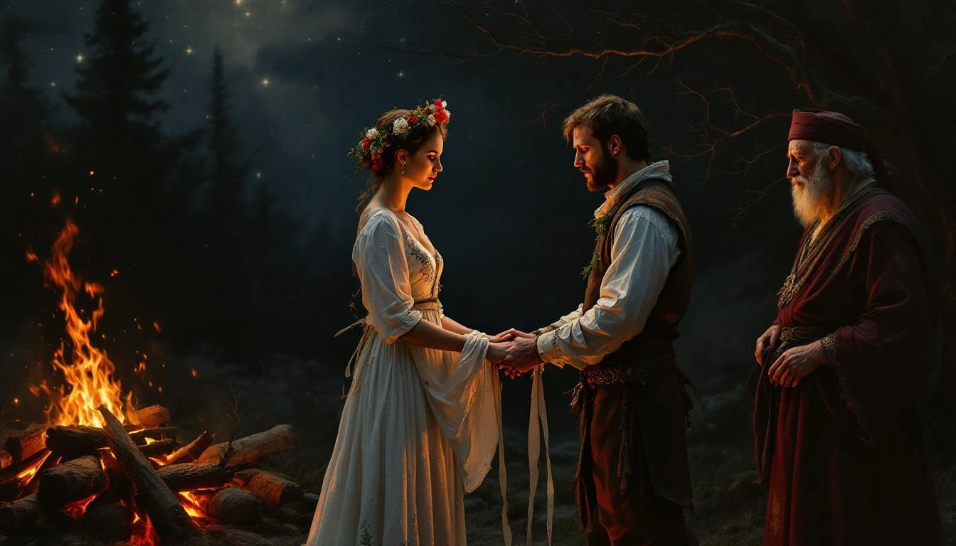 A Slavic bride crowned with a wreath of periwinkle and myrtle stands before a sacred bonfire while elders bind the couple's hands with an embroidered rushnyk