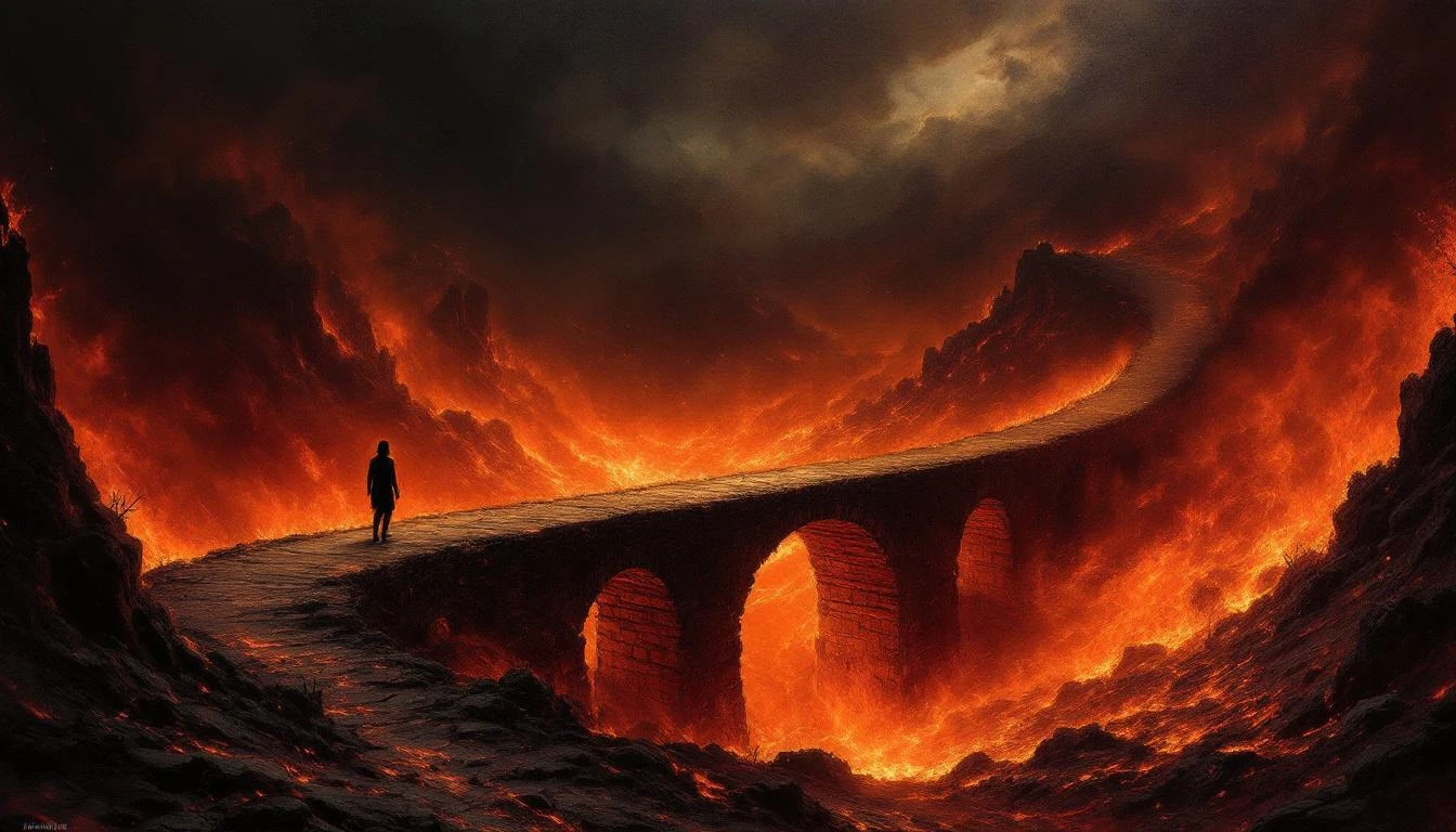 A dark river of liquid fire burning between two dark landscapes with a bridge in the distance