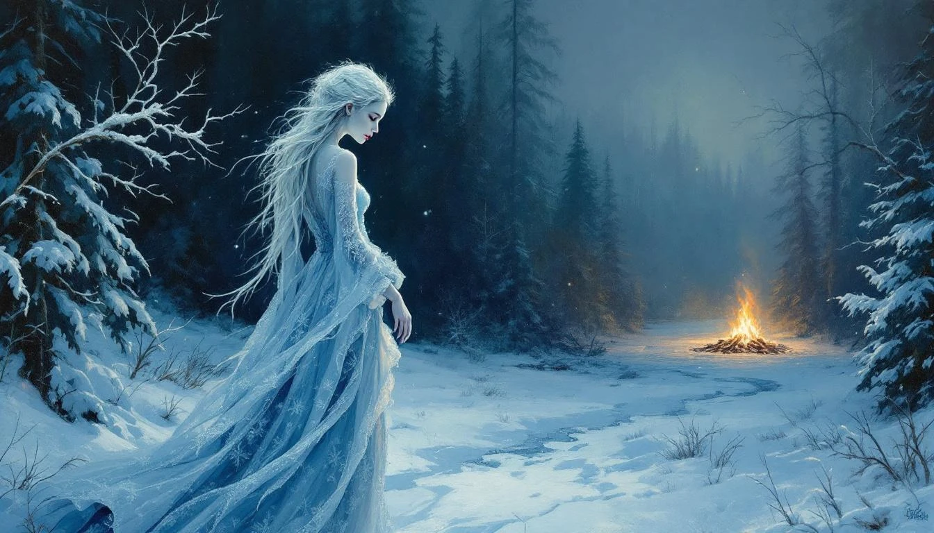 A beautiful pale maiden made of snow standing in a winter forest, slowly beginning to melt