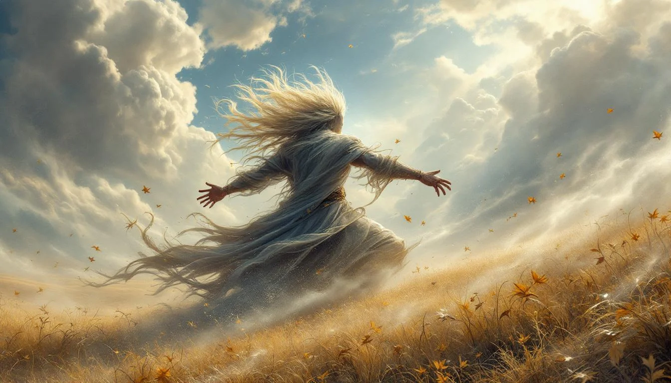 An old man with flowing white hair and robes swept by powerful winds in a wheat field