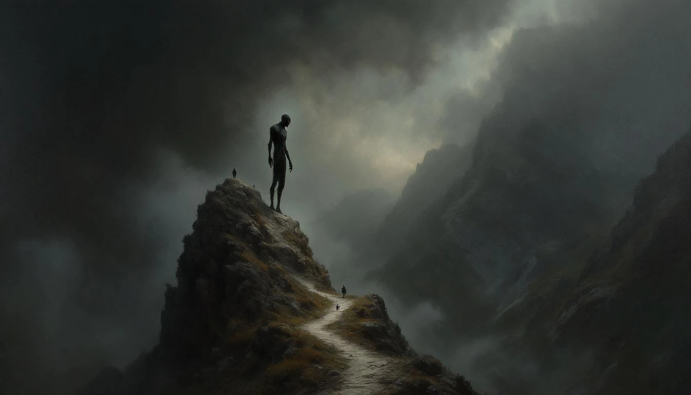 A tall gaunt giant standing on a mountain cliff edge in dark mist