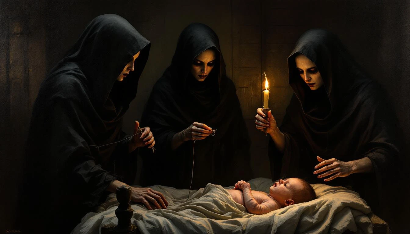 Three hooded women standing over a cradle in a dark room, one holding a thread
