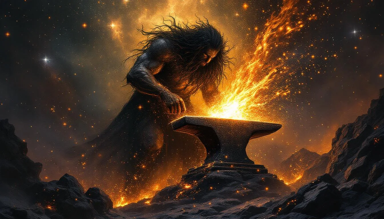 Svarog the celestial smith god hammering at a cosmic anvil with fire and sparks