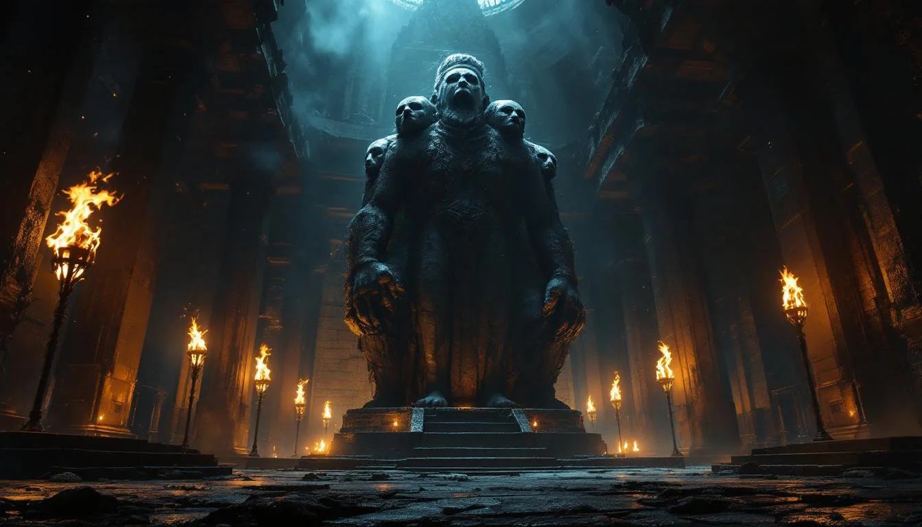 A massive four-faced stone idol in a dark temple surrounded by torches