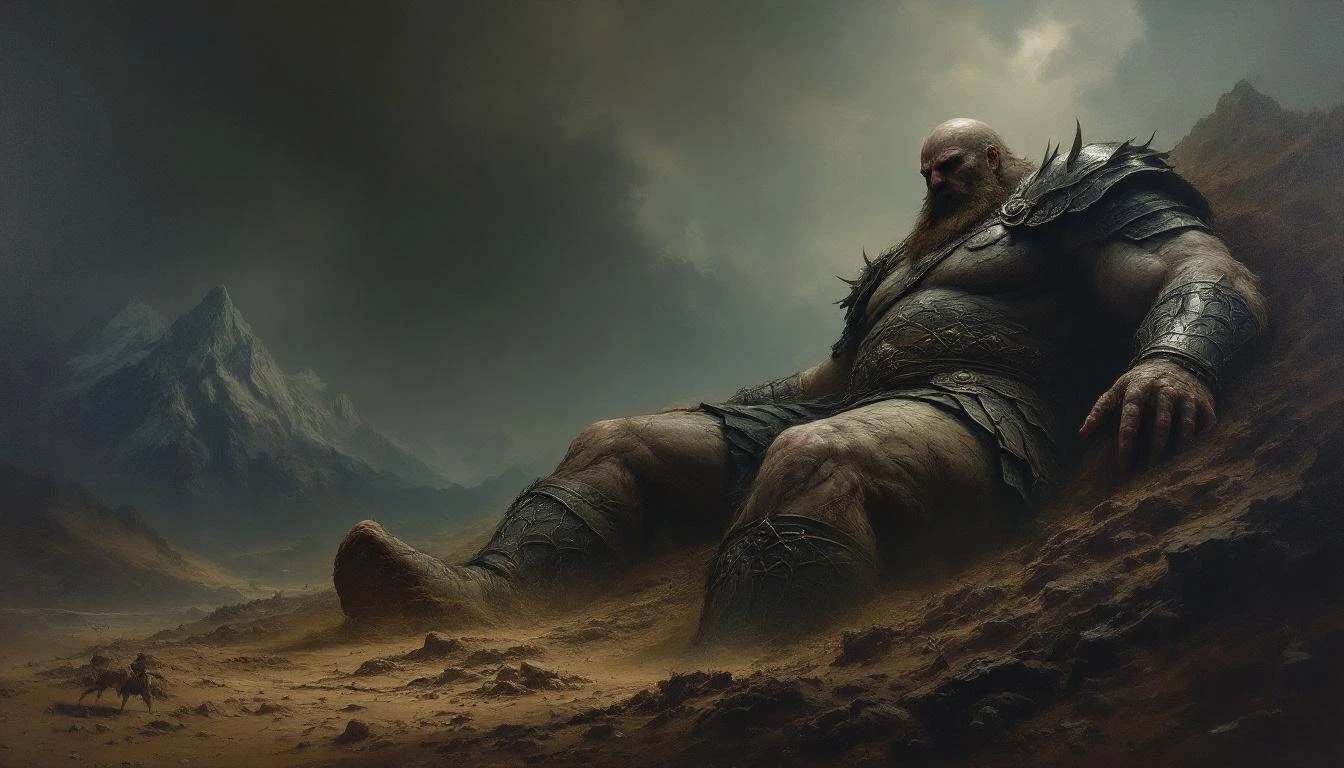 A colossal warrior sinking into the earth under his own immense weight, mountains in the background