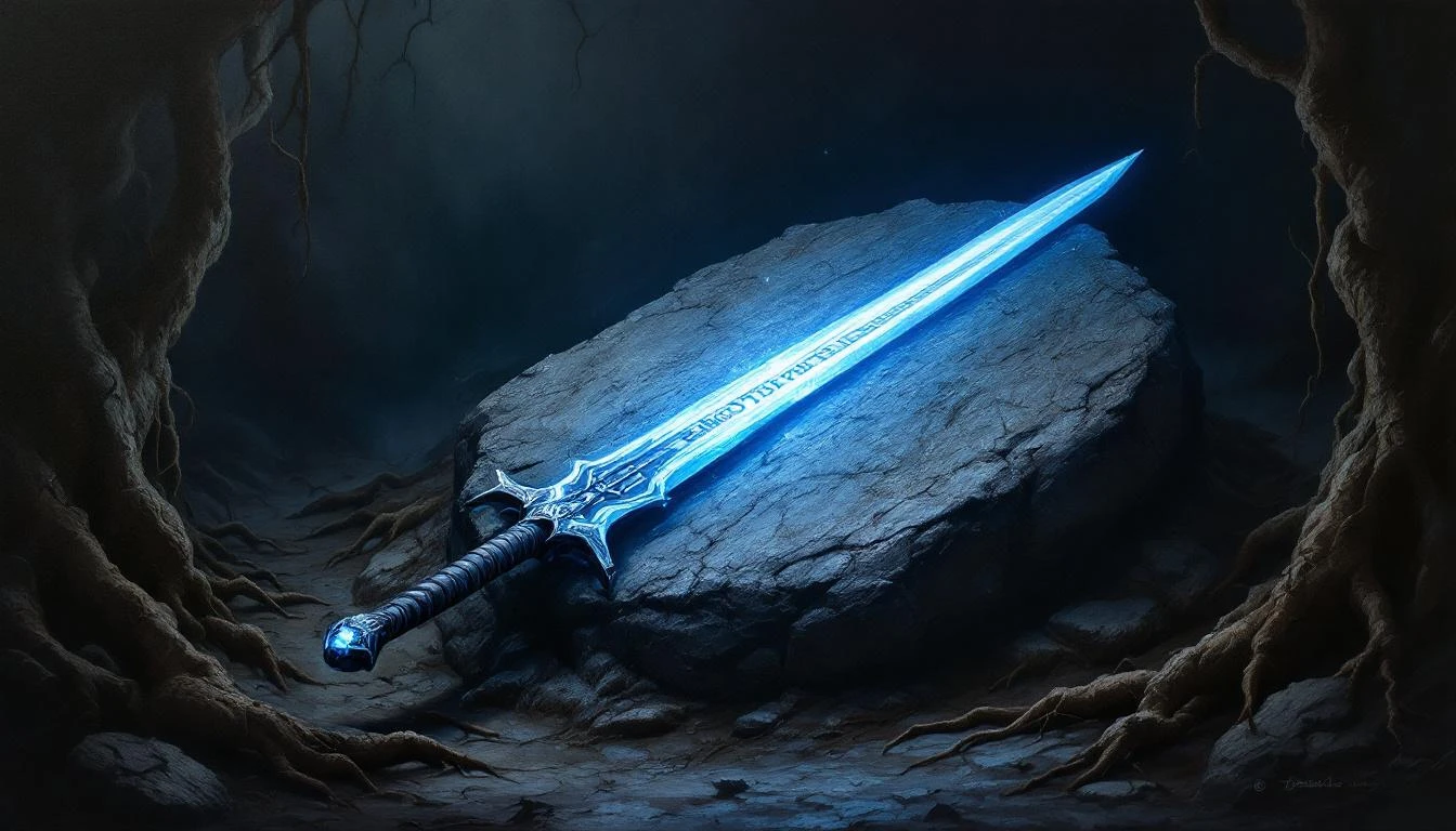 A glowing magical sword embedded in a dark stone in an underground chamber