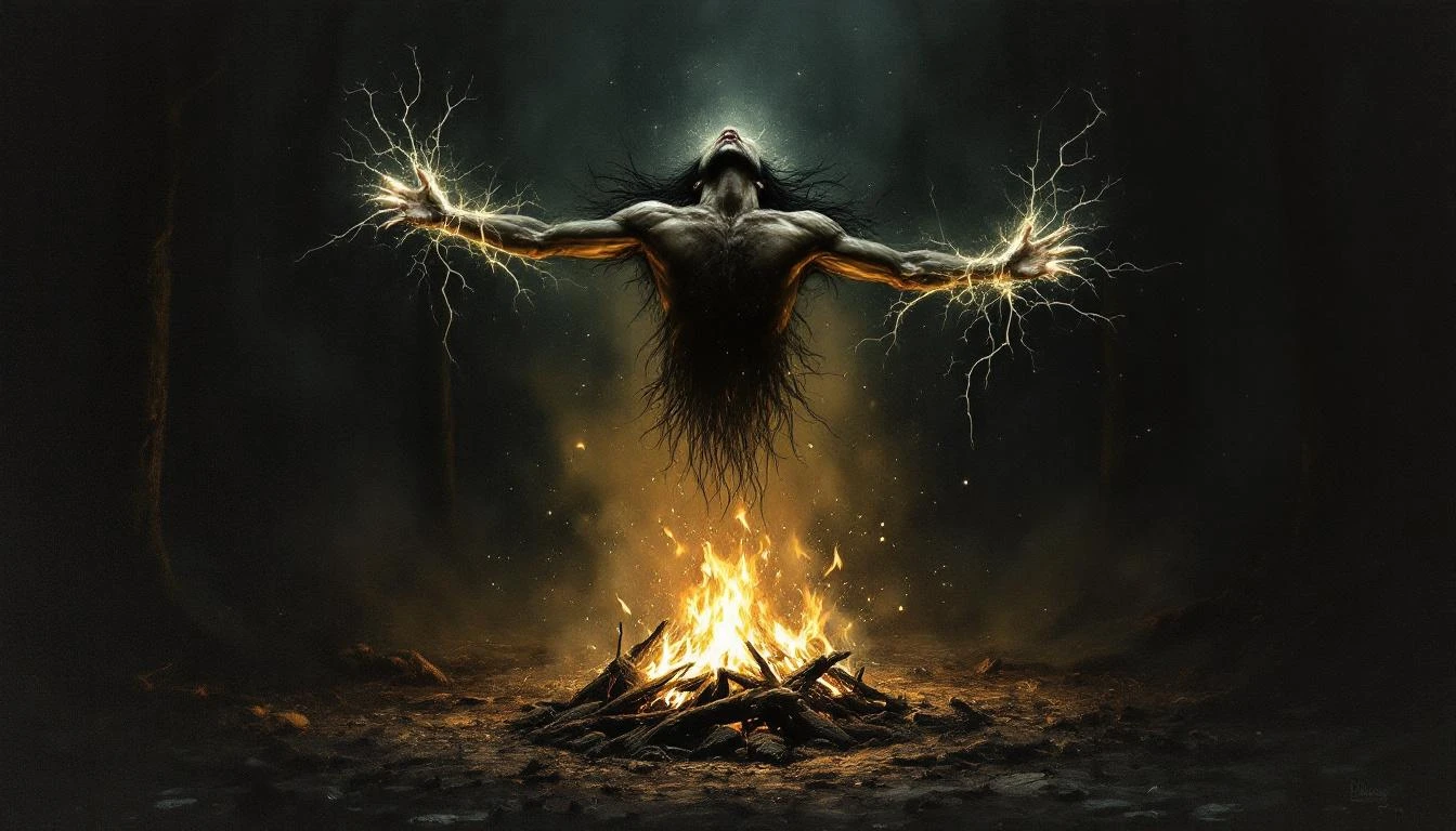 A wild-eyed shaman in trance state with glowing eyes hovering above the ground