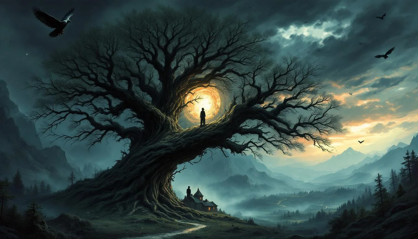 A massive World Tree connecting three realms with an eagle at top and serpent at roots