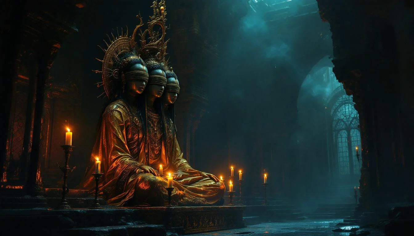 A three-headed golden idol statue in a dark temple with candles