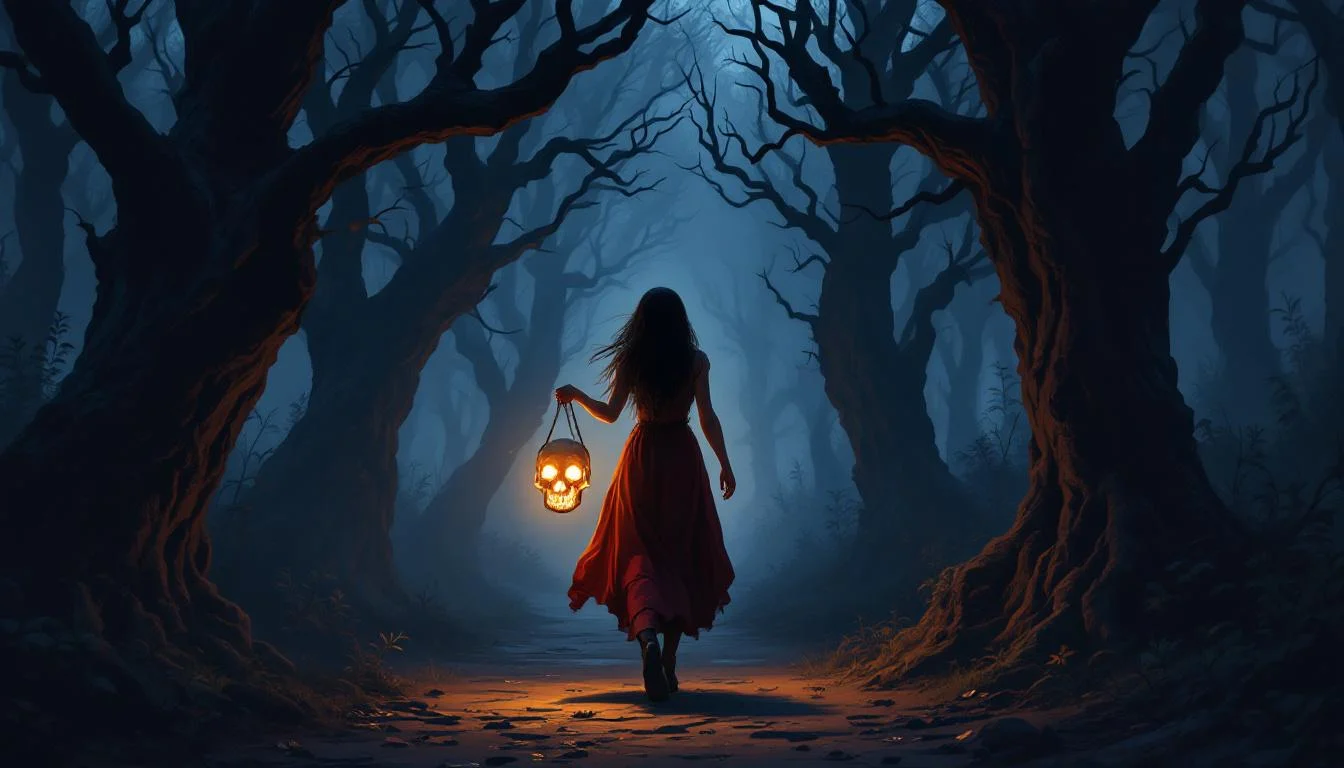 A young woman walking through a dark forest carrying a glowing skull lantern