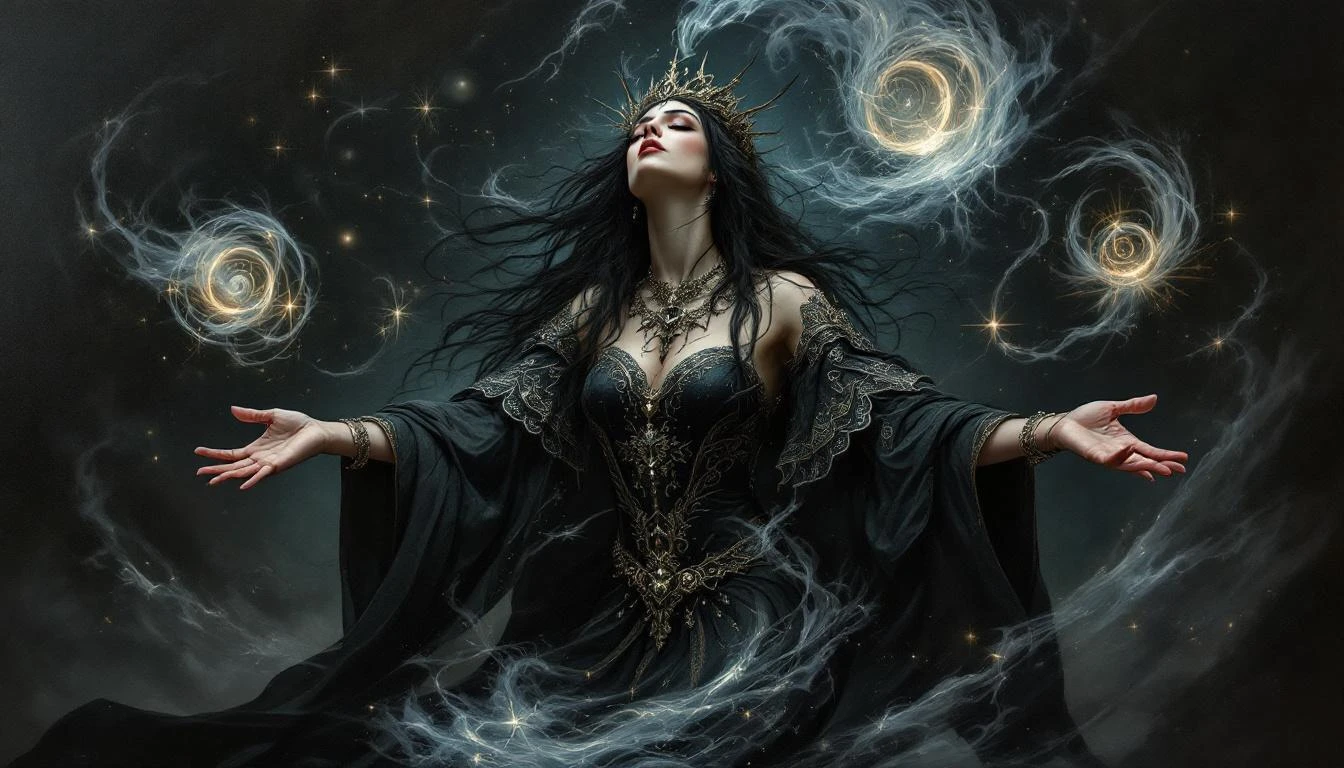 A powerful dark-haired woman with knowing eyes surrounded by magical symbols