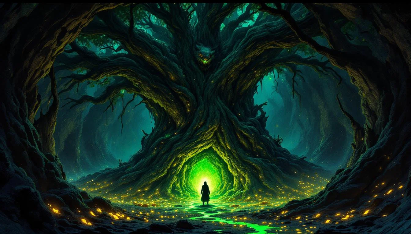 A dark figure entering a glowing green portal among massive twisted tree roots
