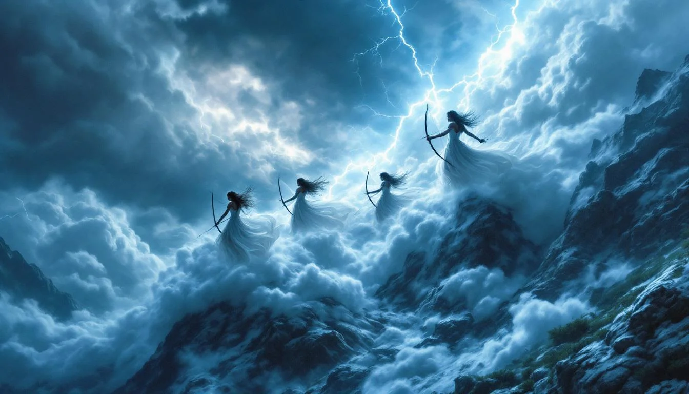 Fierce warrior women in white dresses with bows on a stormy mountain with lightning