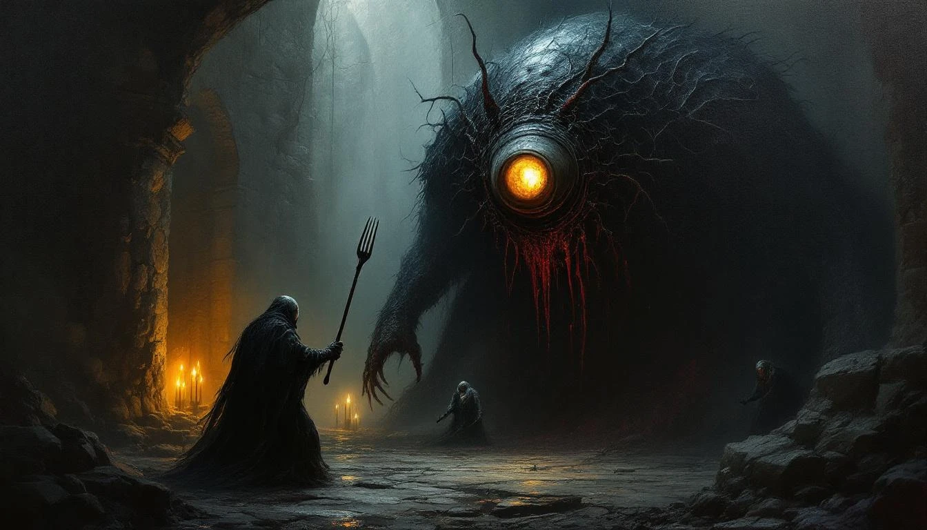 A massive underground demon with heavy iron eyelids being lifted by grotesque servants