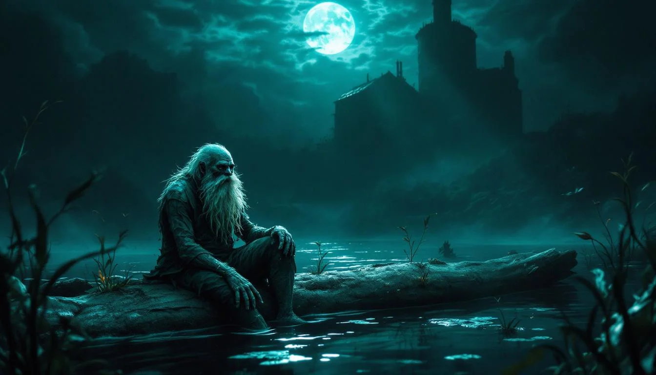 An old bearded water spirit sitting on a log at the edge of a dark pond at night