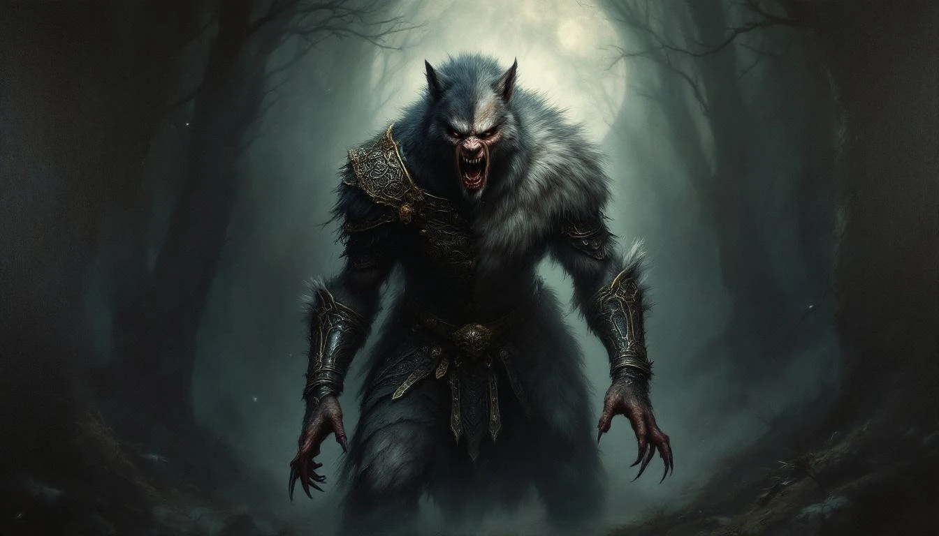 A Slavic prince mid-transformation, half human half wolf, in a dark forest