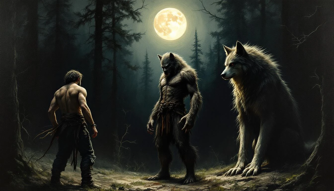 Multiple werewolf forms from different Slavic traditions emerging from a dark forest