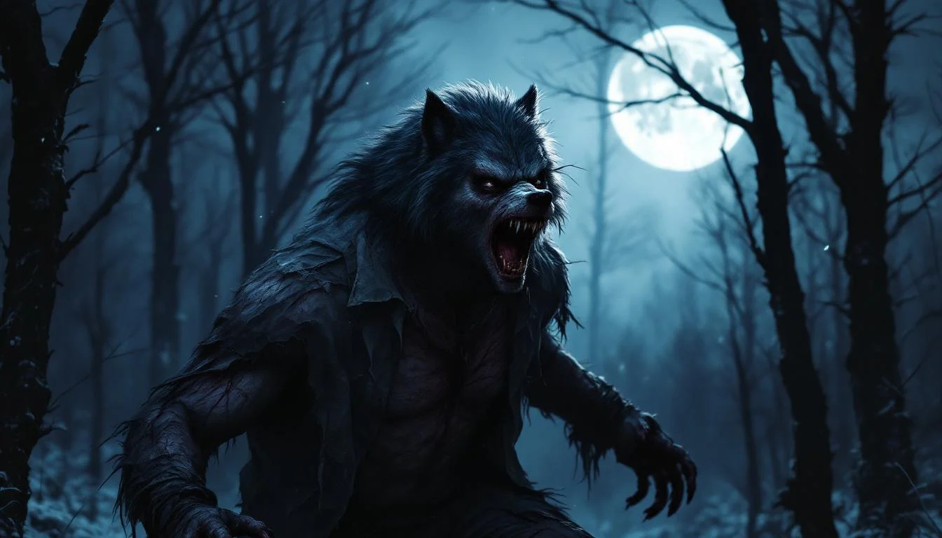 A werewolf creature with dark fur snarling in a moonlit forest