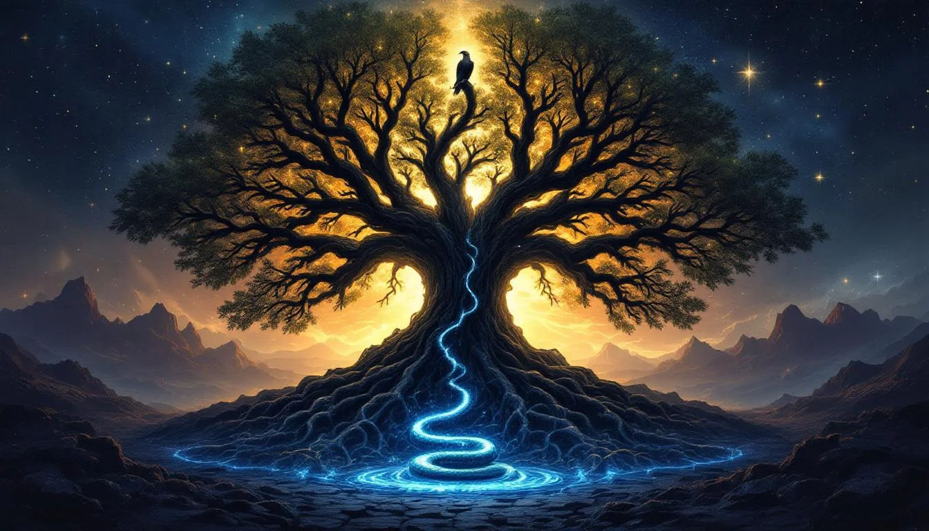 A cosmic oak tree with a bird at the top and a glowing serpent at its roots against a starry sky