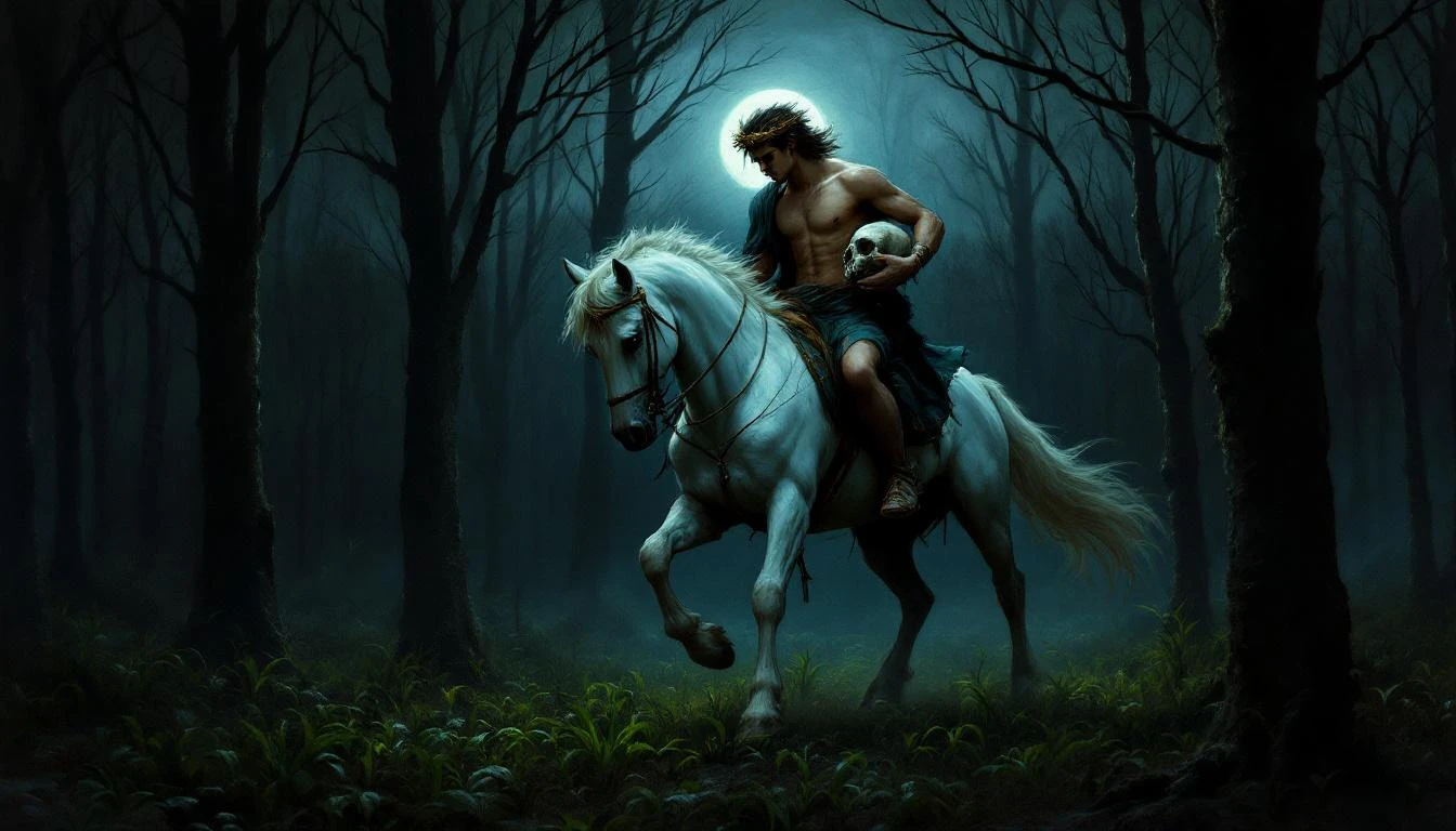 A young man on a white horse riding through a dark forest holding a skull