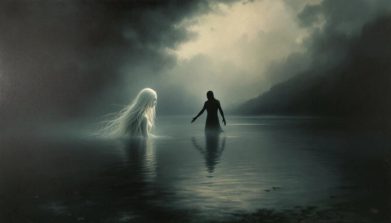 A beautiful pale woman emerging from a dark mountain lake reaching for a person shadow