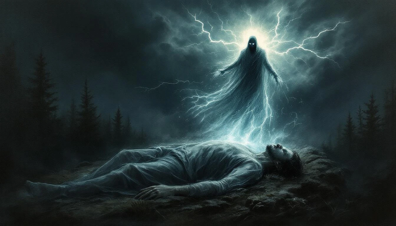A spectral warrior figure rising from a sleeping body to fight dark storm clouds