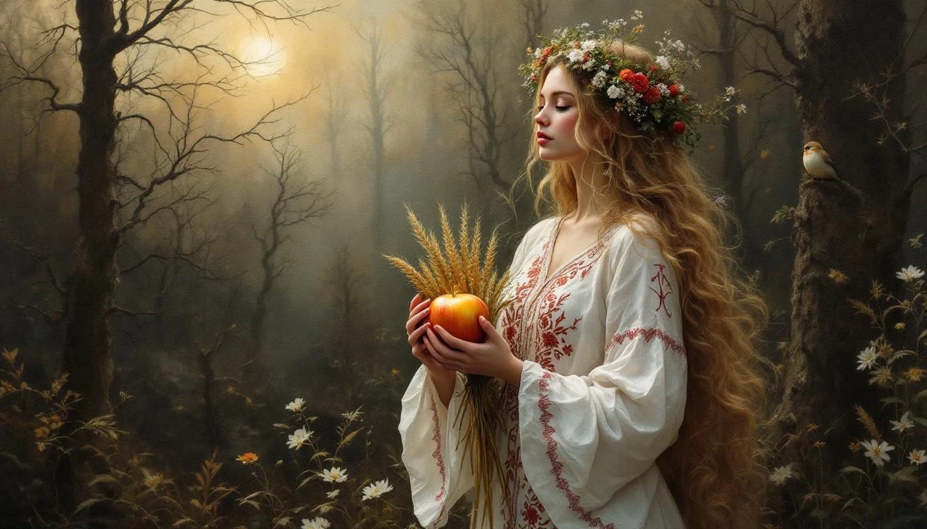Zhiva, the Slavic goddess of life and fertility, standing in a sunlit forest clearing with birds and blossoming branches around her