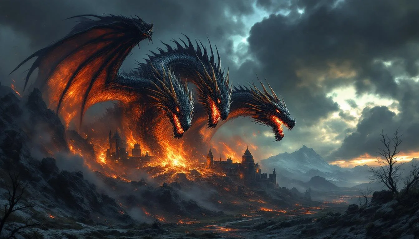 A massive three-headed fire-breathing dragon destroying a settlement