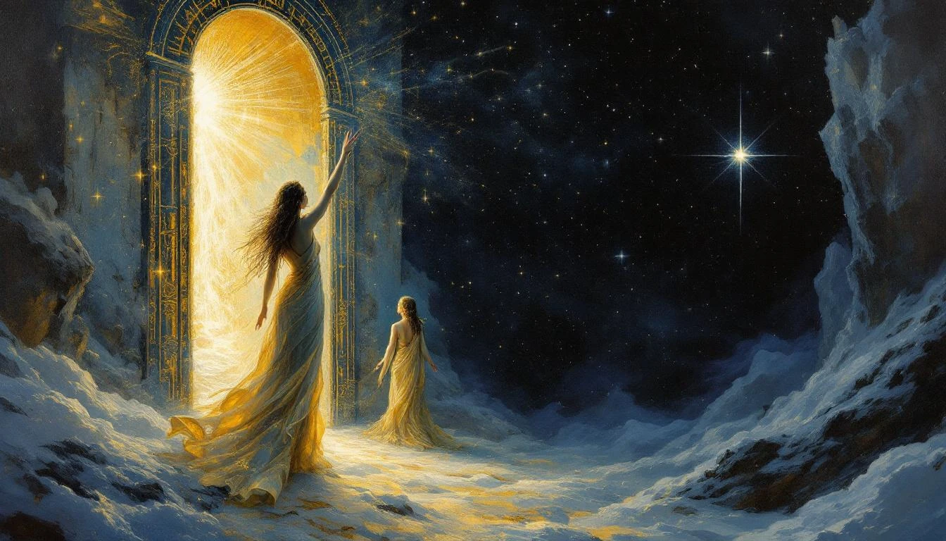 Two luminous women in flowing robes standing at the gates of dawn guarding a cosmic chain
